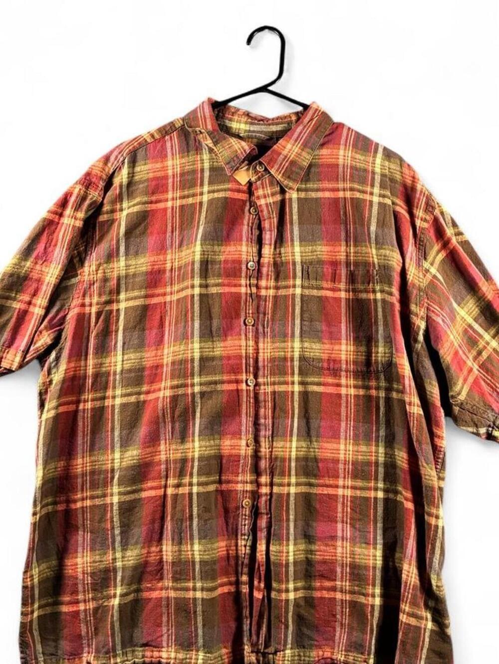 IZOD Men's XXL Button-Up Shirt in Multi Brown Plaid, Linen Cotton Blend, Very G